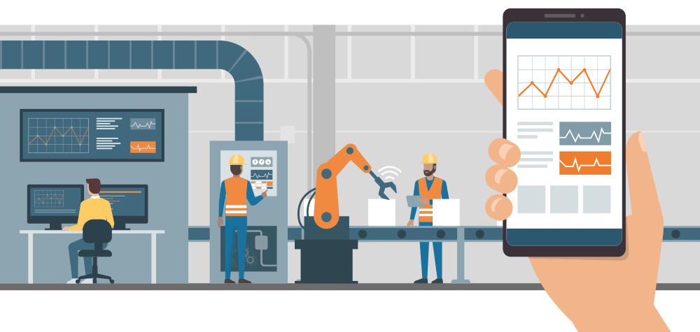  Factory assembly line showing automation that can be controlled with a hand held device