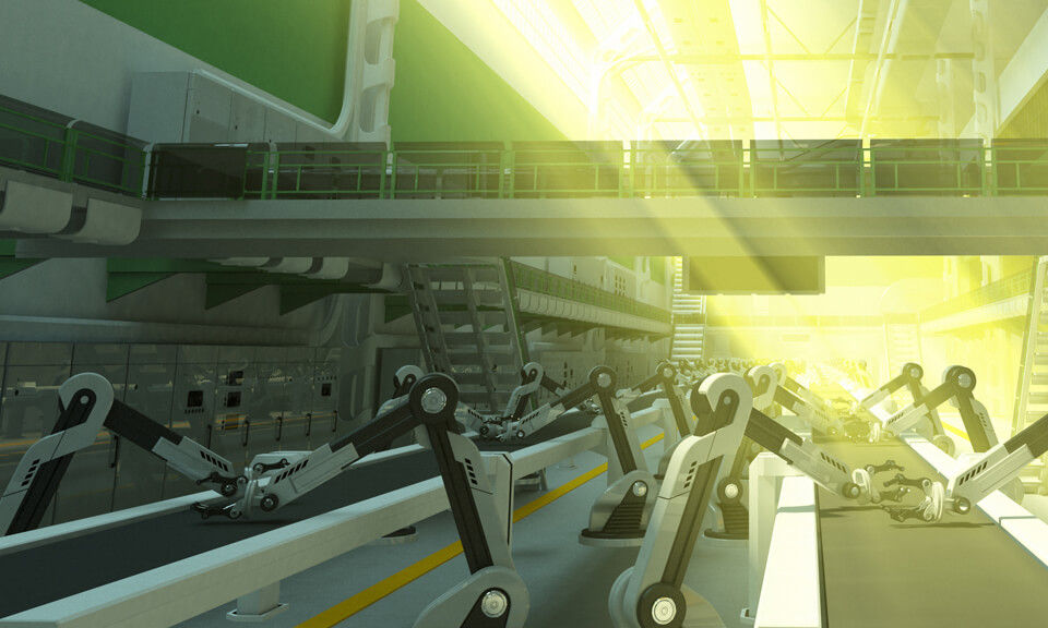 Industrial conveyor belt with robotic assembly line