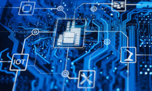 Illustration of icons connected over a circuit board background