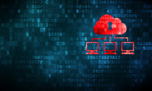 3 red computer icons linked to the red cloud which has a keyhole indicating security