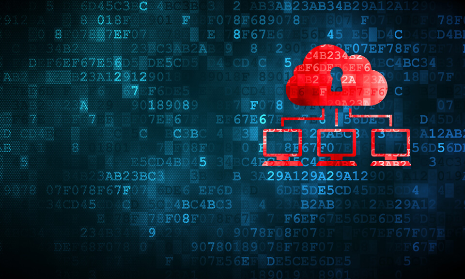 3 red computer icons linked to the red cloud which has a keyhole indicating security