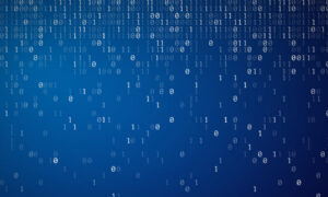 White binary numbers falling down the page from the top lined up rows