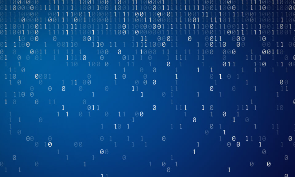 White binary numbers falling down the page from the top lined up rows