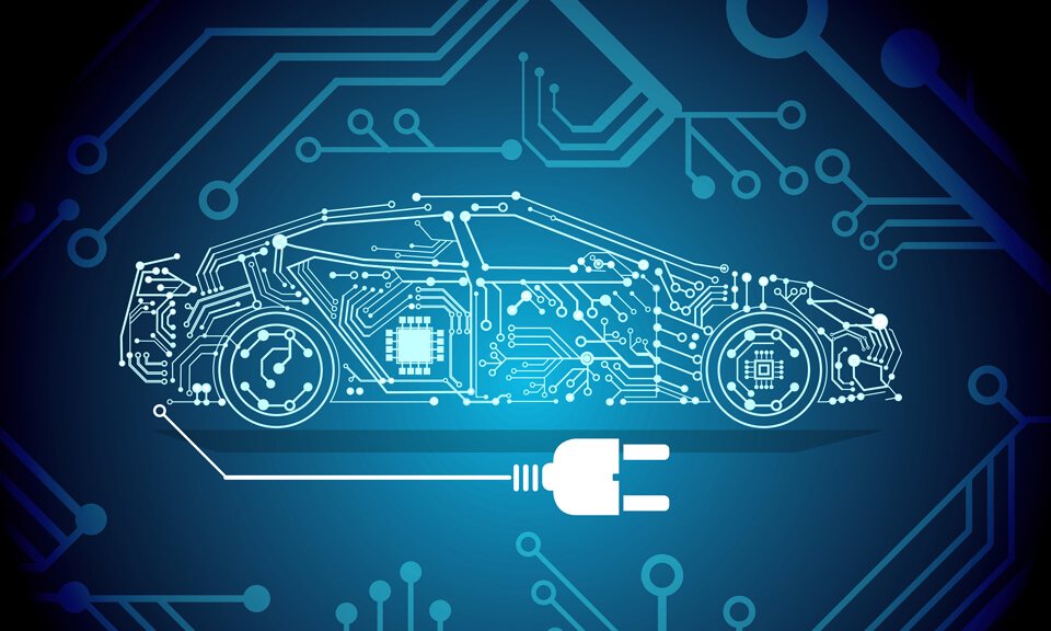 Diagram of the side of an electric car made up of white connection points