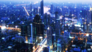 Smart City network connection points in the sky over a city landscape