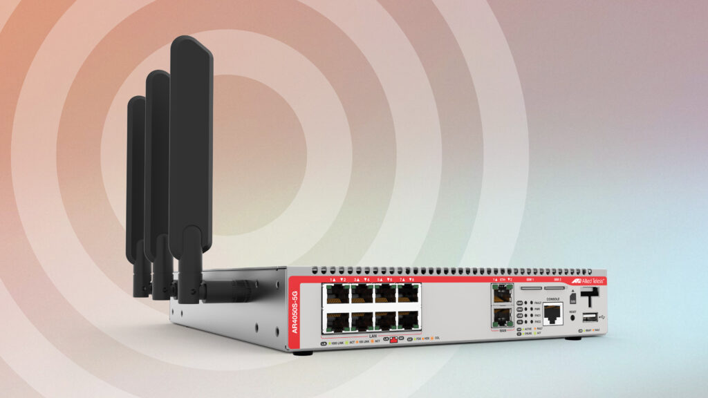 AR4050S-5G UTM Firewall against a gradient background of wireless rings
