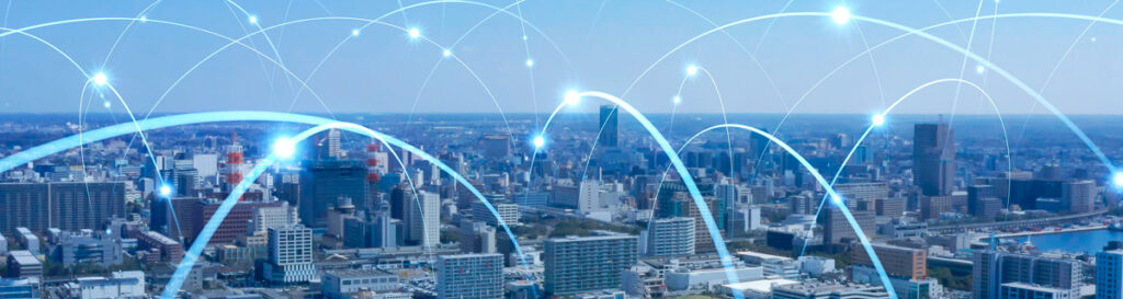 City landscape and waterway with arched network light spots
