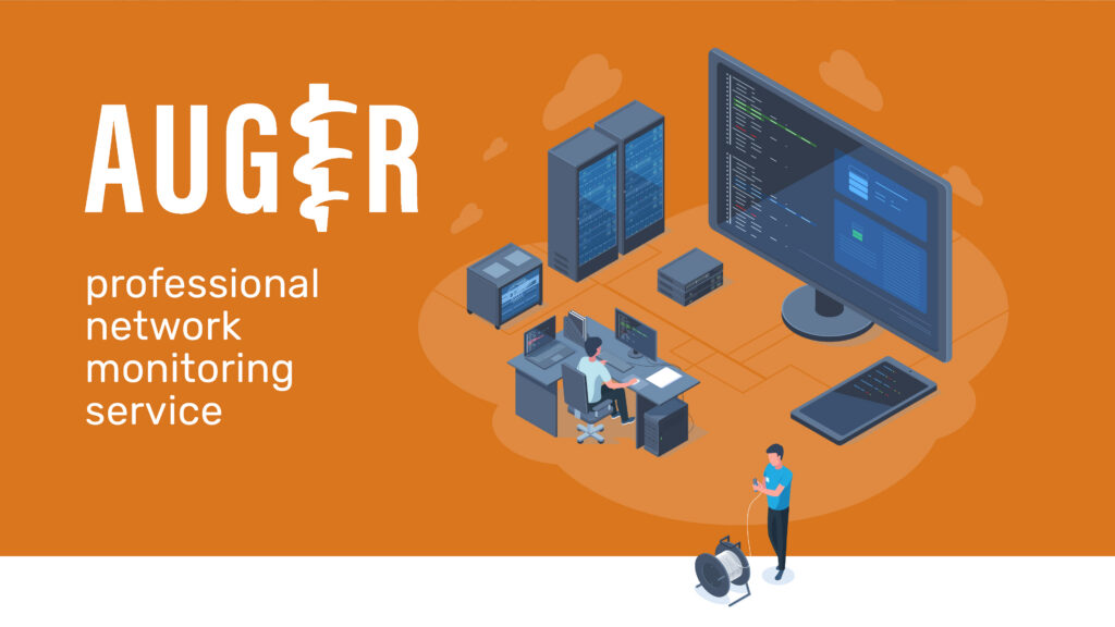Isometric diagram of a datacenter with the Auger logo and text besdie it