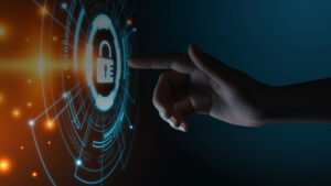 Hand reaching out to touch a security padlock screen