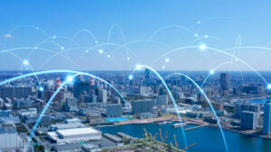 City landscape and waterway with arched network light spots
