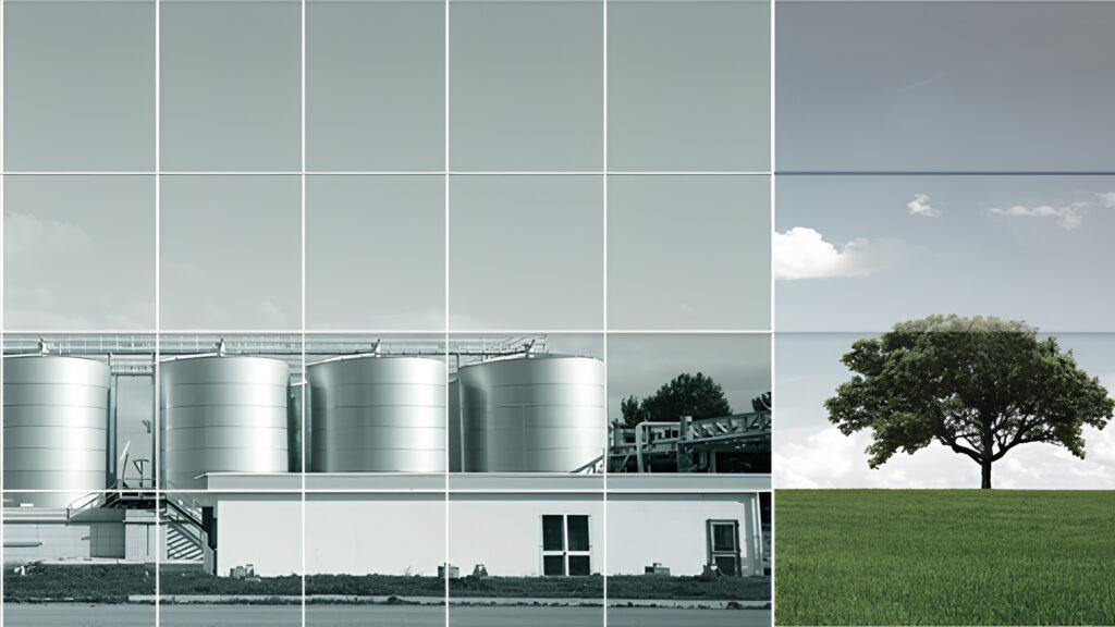 Tecnoparco factory buildings on one side and a tree on the other side