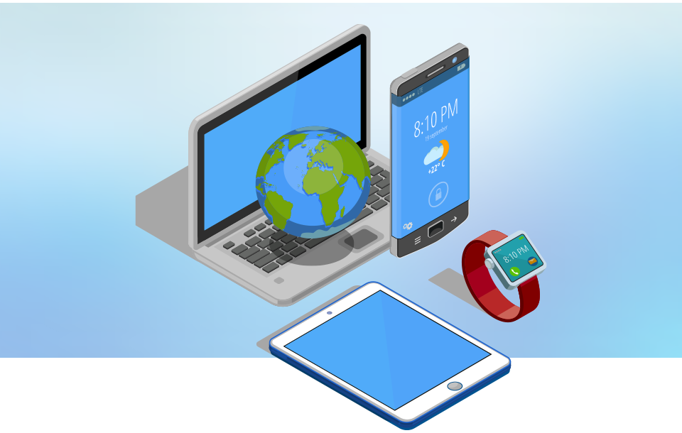 Laptop, tablets, mobile with a world globe