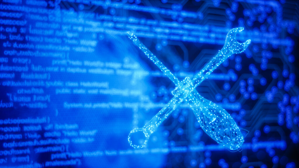 stylizied work tools on a motherboard background