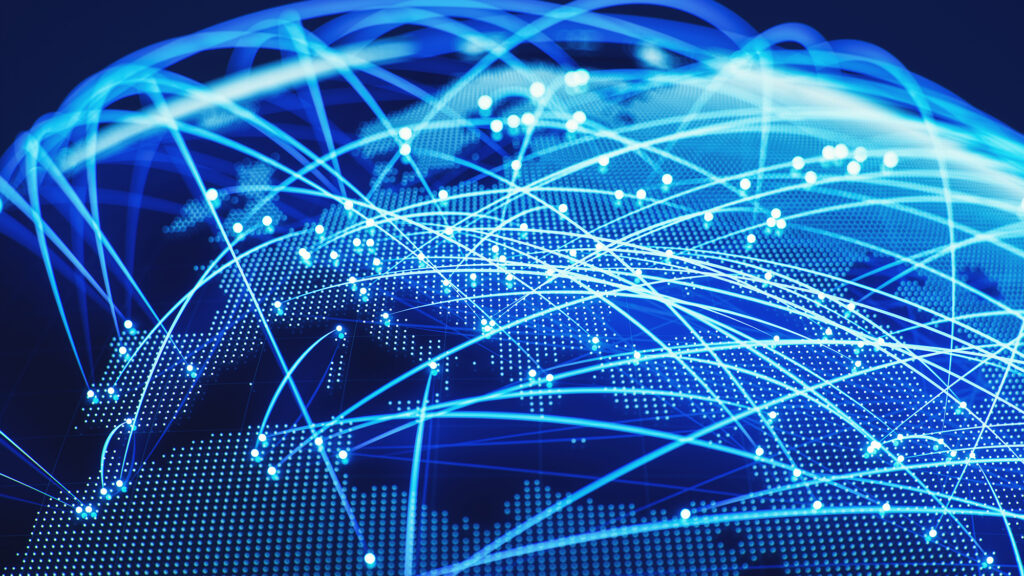 Internet connection point crossing over a world globe